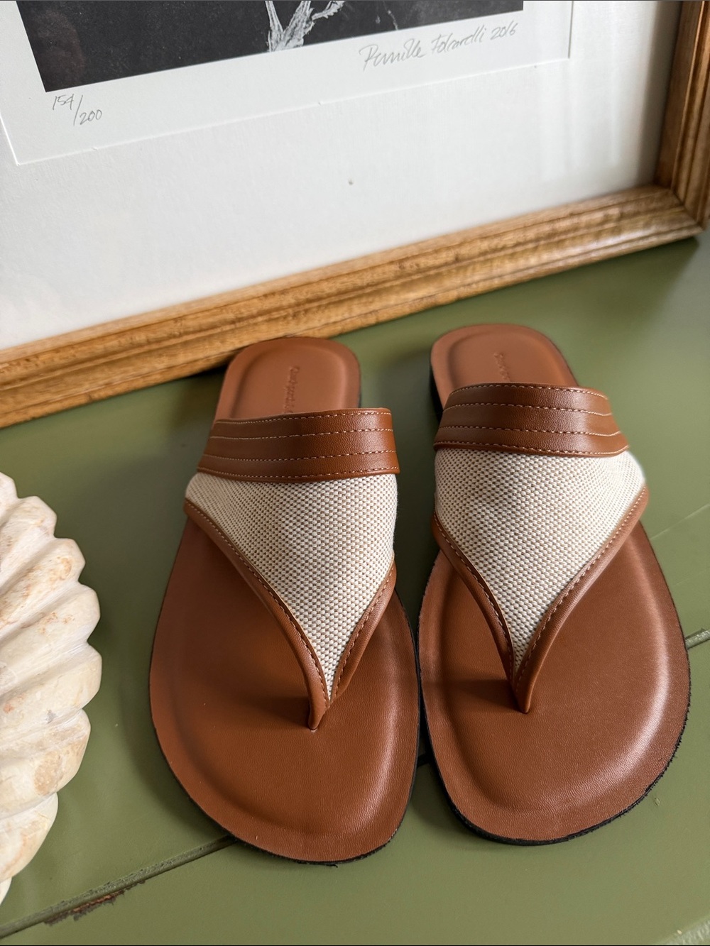 Commense Tan and Cream Slide Sandals
